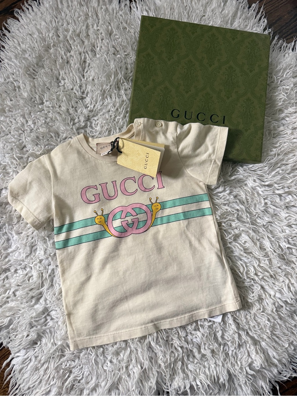 Gucci Kids Cream Tee with Pink Logo & Mint Stripes